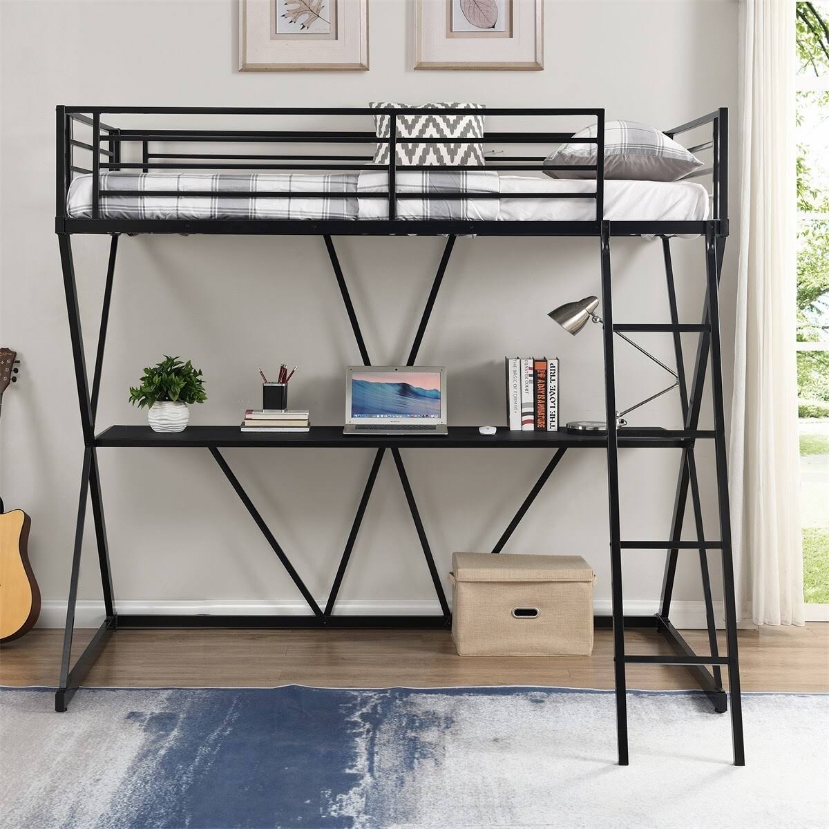 Twin Loft Bed with Desk, Ladder, and Guardrails Q137062