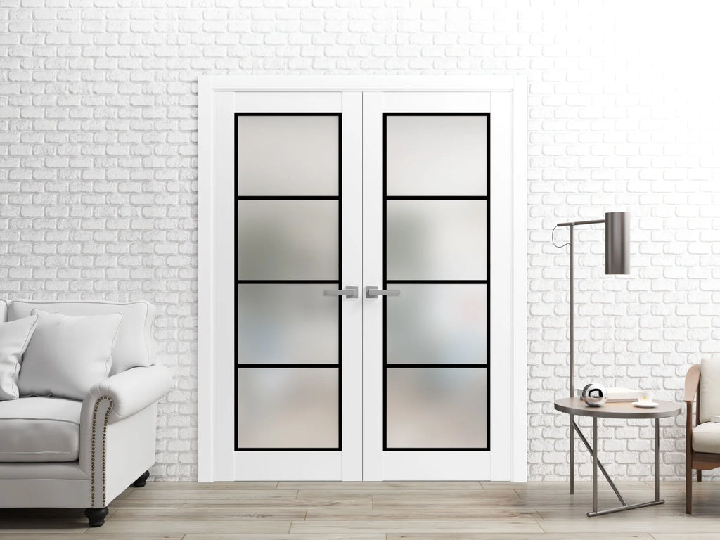Solid French Double Doors 36 x 80 inches White Frosted Glass Wood F6709