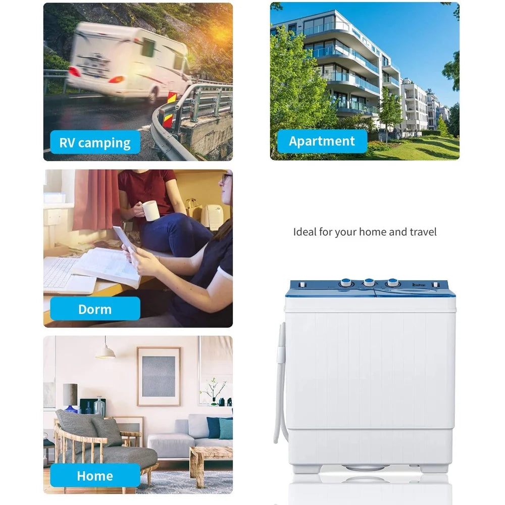 Semi-automatic Twin Tub Washing Machine with Built-in Drain Pump, 26Lbs, White&Blue H2835