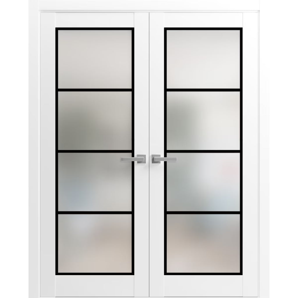 Solid French Double Doors 36 x 80 inches White Frosted Glass Wood F6709