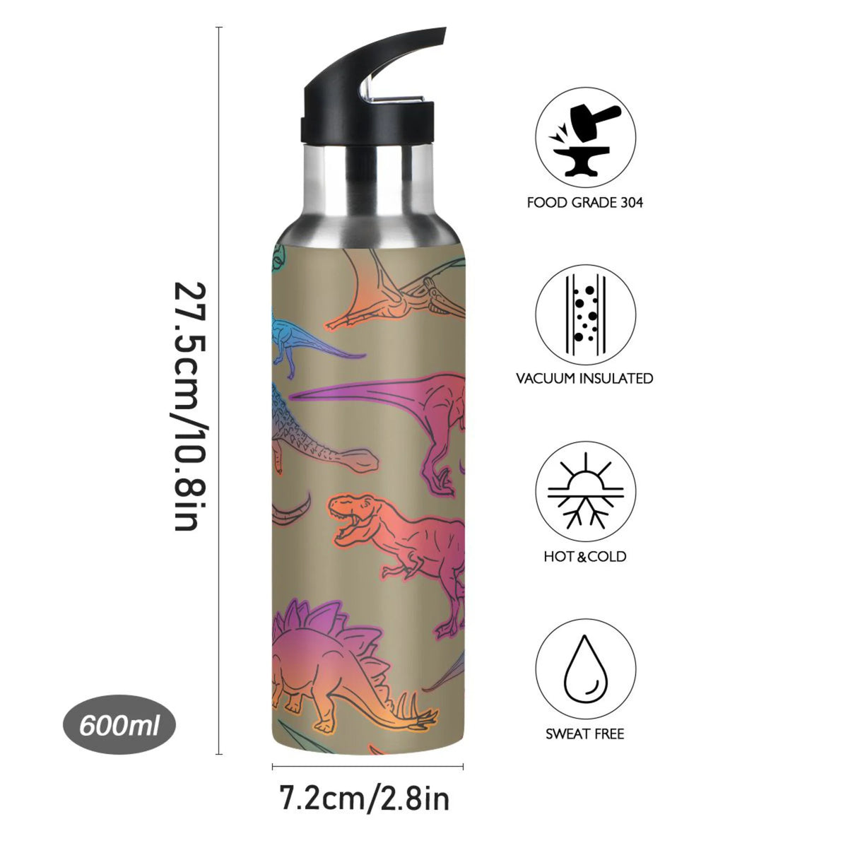 Colorful Dinosaur Stainless Steel Insulated Water Bottle with Straw Lid T835