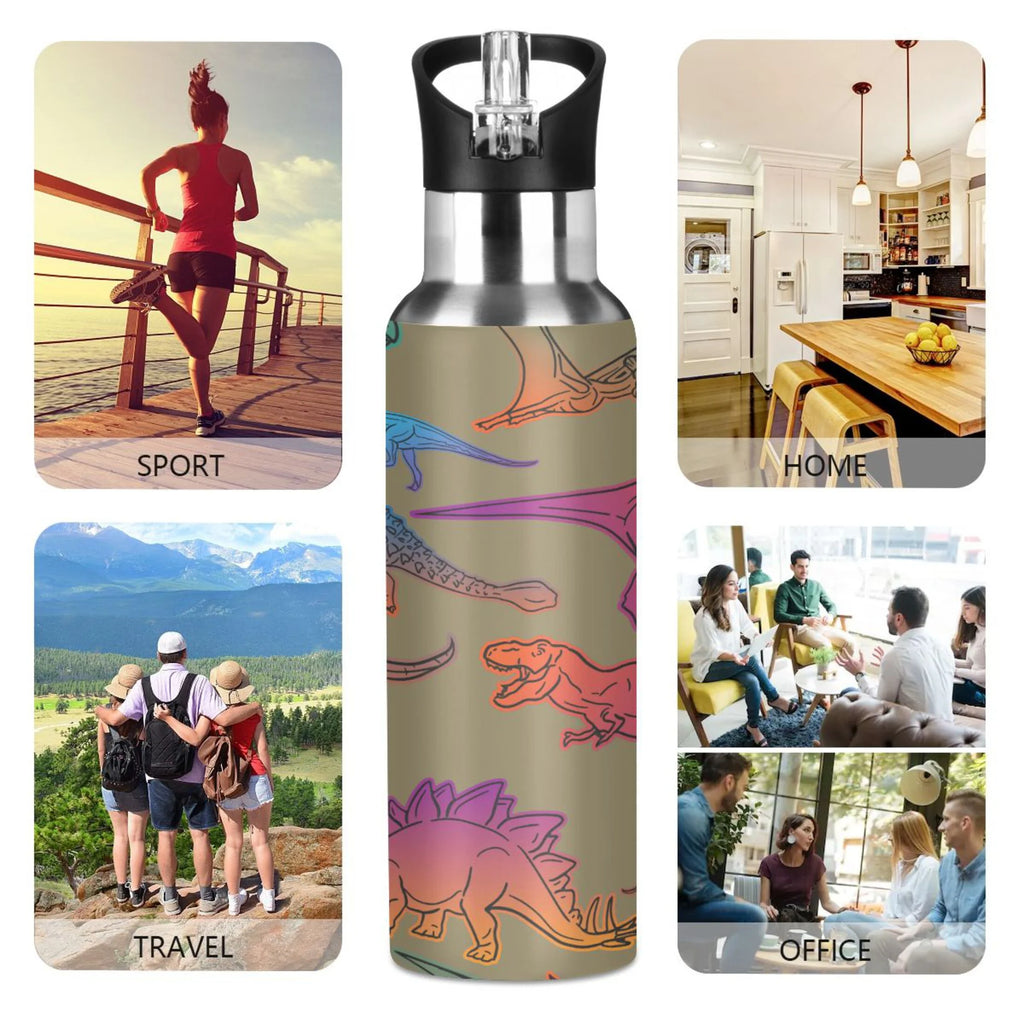 Colorful Dinosaur Stainless Steel Insulated Water Bottle with Straw Lid T835
