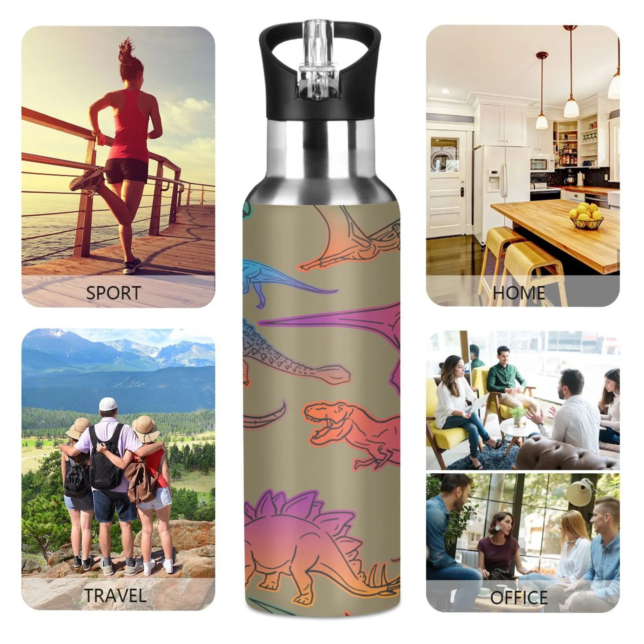 Colorful Dinosaur Stainless Steel Insulated Water Bottle with Straw Lid T835