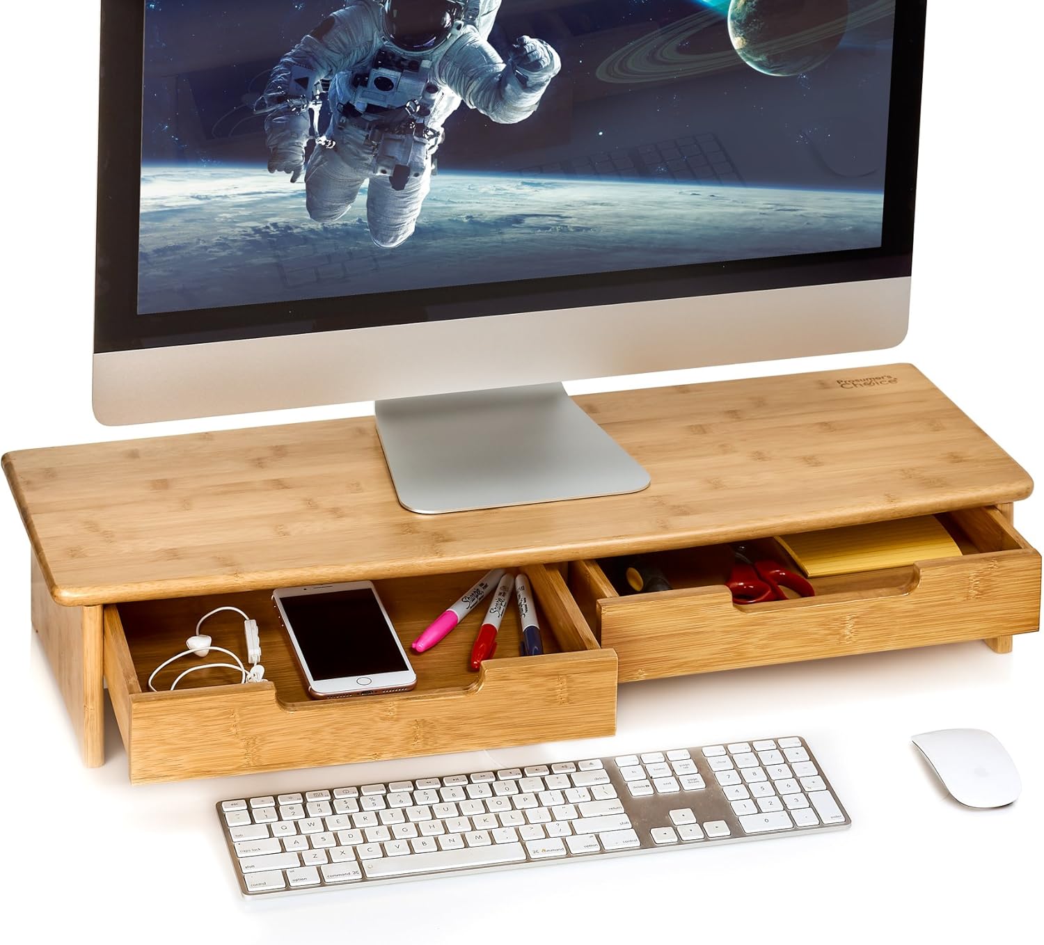 Bamboo TV/Monitor Stand and Riser with Dual Pull-Out Drawers, Extra Long 30” L112075