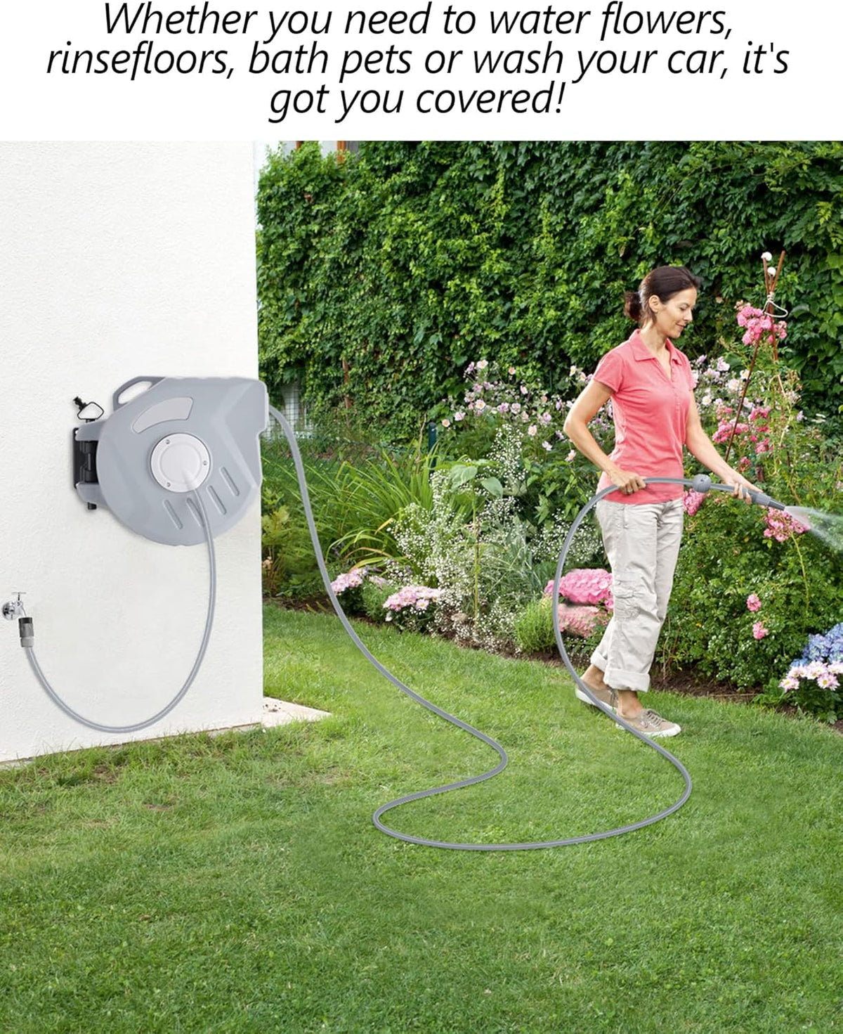 65FT Wall Mounted Retractable Garden Hose Reel with 9 Pattern Nozzle T387