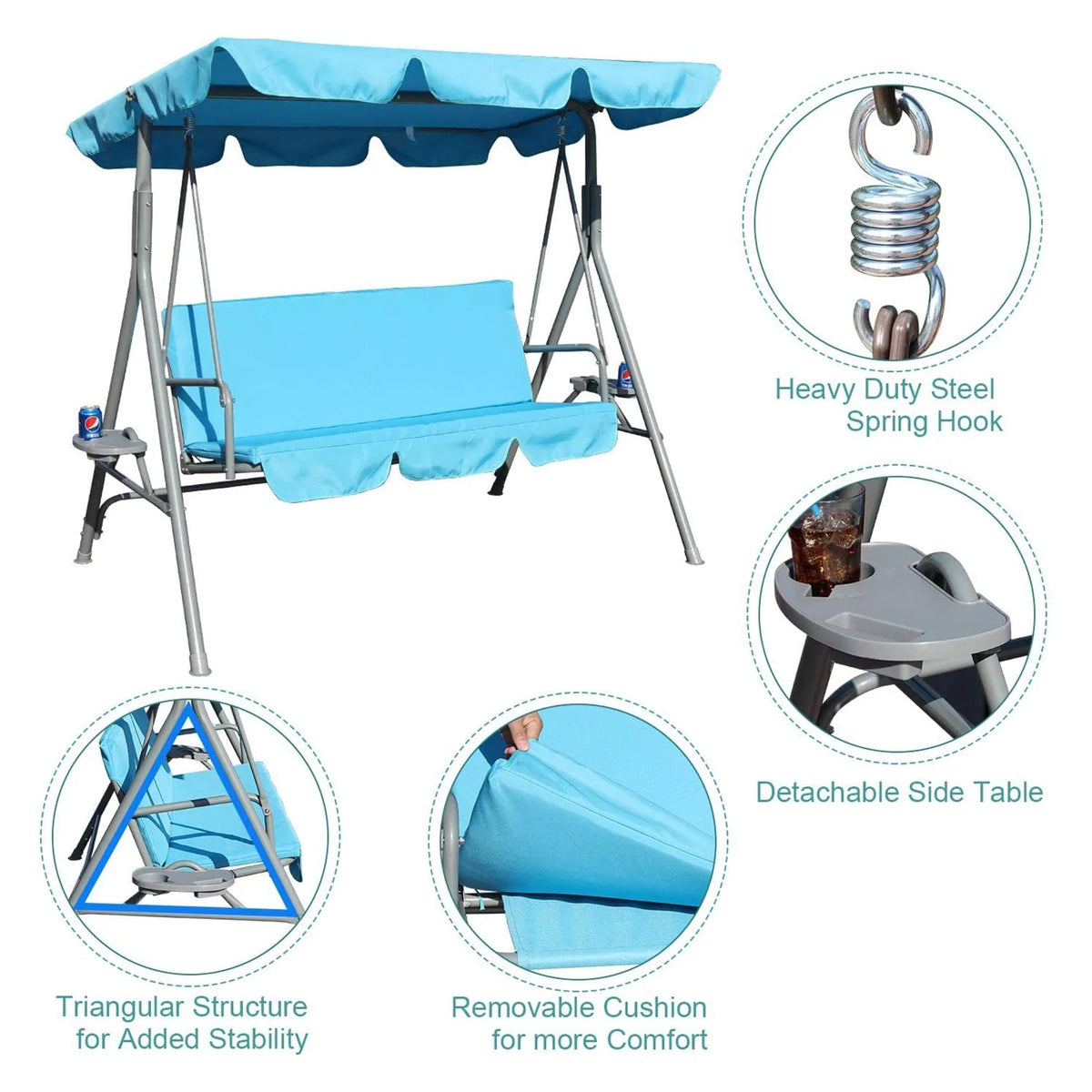 Blue 3 Person Glider Swing Hammock Chair with Utility Tray & Canopy B86381