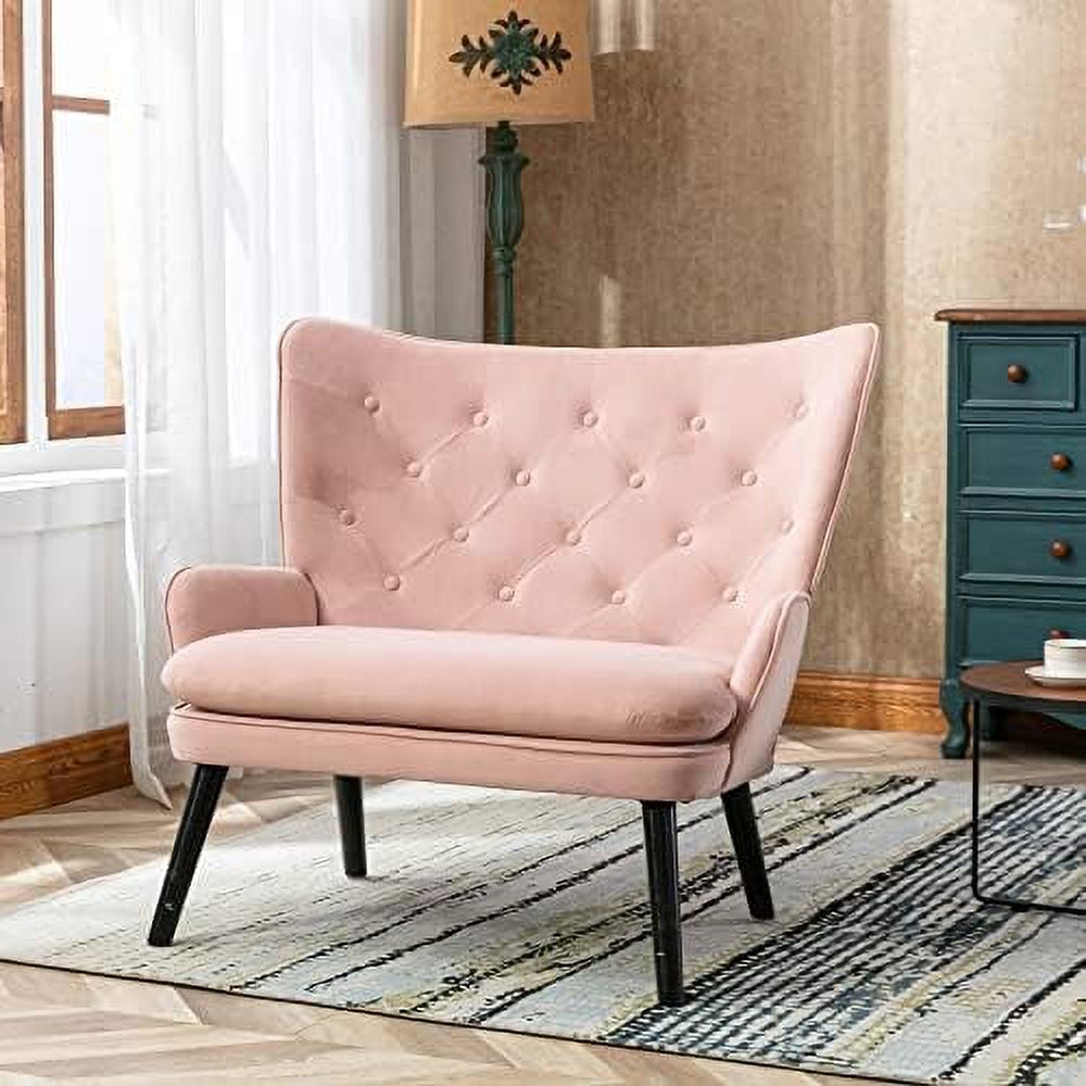 Pink Velvet Tufted Wingback Accent Chair with Solid Wood Legs A971
