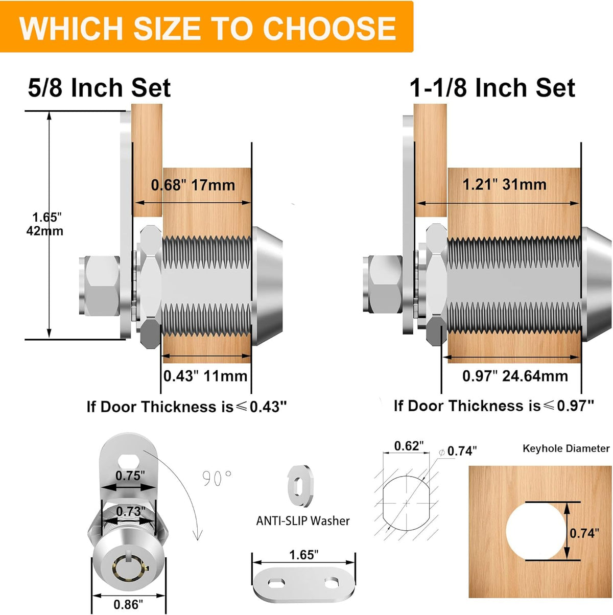 6 Pack 1-1/8 Zinc Alloy Cabinet Cam Locks with Keys X957176