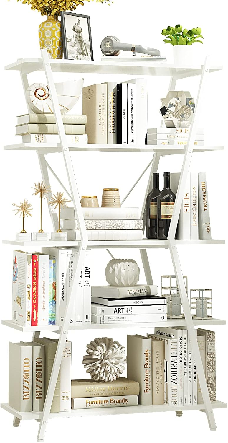 White 5 Tier Industrial Bookshelf with Metal Frame E977