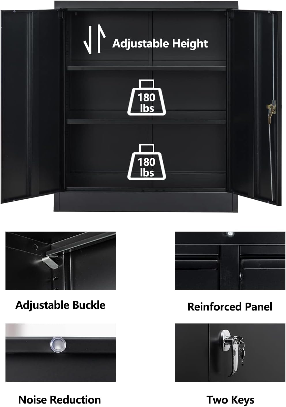 Metal Storage Cabinet with 2 Shelves and 2 Doors, Steel Locking Cabinet, 36.2 H x 31.5 W x 15.7 D (Black) F28634
