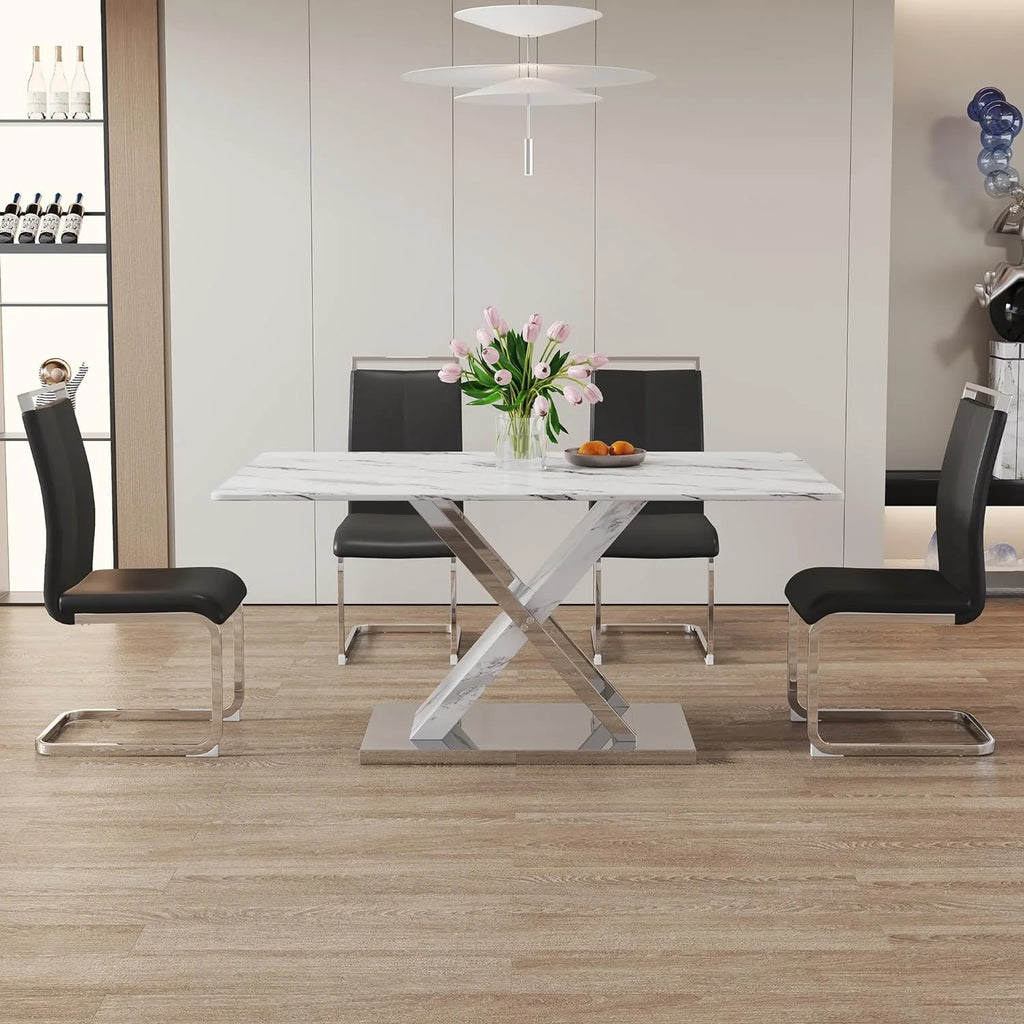 Black Faux Marble Dining Table Set of 4 with Chairs M4773