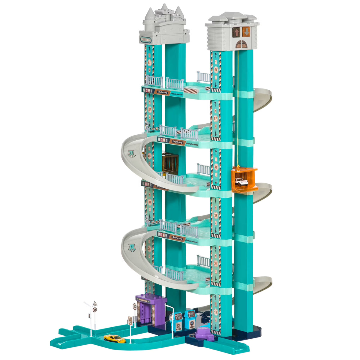 City Garage Playset with 98 Pieces Accessories Set, 6-Level Car Parking Playsets Toy with Manual and Electric Elevators Wash, Gas, Ejector & Car Repair Station P24561