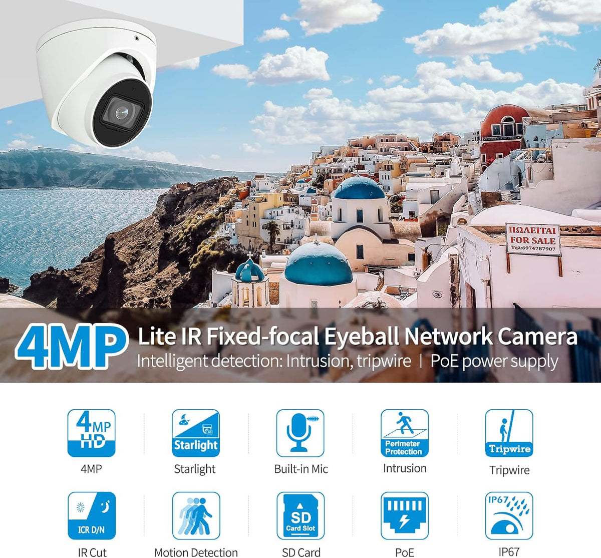 4MP PoE Dome Camera with 2.8mm Lens, 98ft Night Vision, IP67 Y315