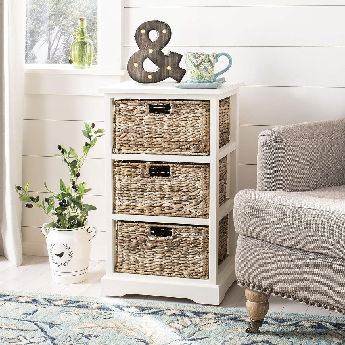Distressed Black Wicker Basket Storage Side Table A75248