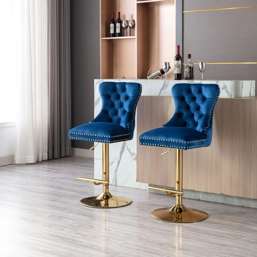 Blue Velvet Swivel Bar Stools Set Of 2 Adjustable Counter Height N6850